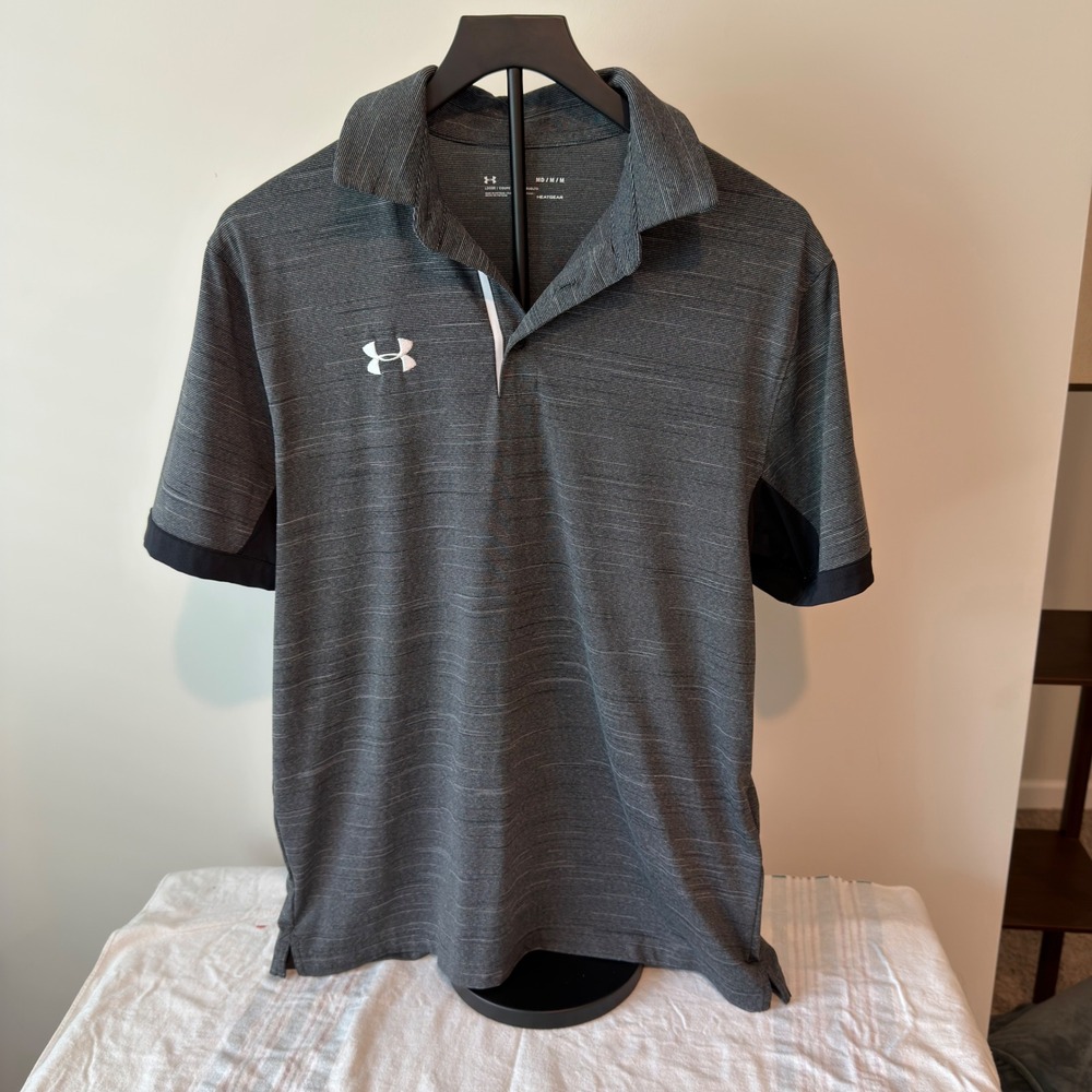 Under Armour Mens HeatGear Polo Shirt Gray Space Dye Loose Fit Short Sleeve MD